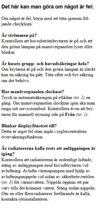 Sida ur värmepannans manual med felsökningschecklista för vanliga problem.