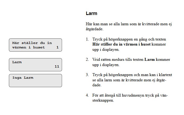 Instruktionsmanual som visar steg för att hantera larm på en värmepanna.