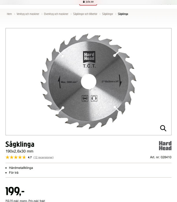 Sågklinga för trä, 190 mm diameter, 24 tänder och etikett med märket Hard Head.