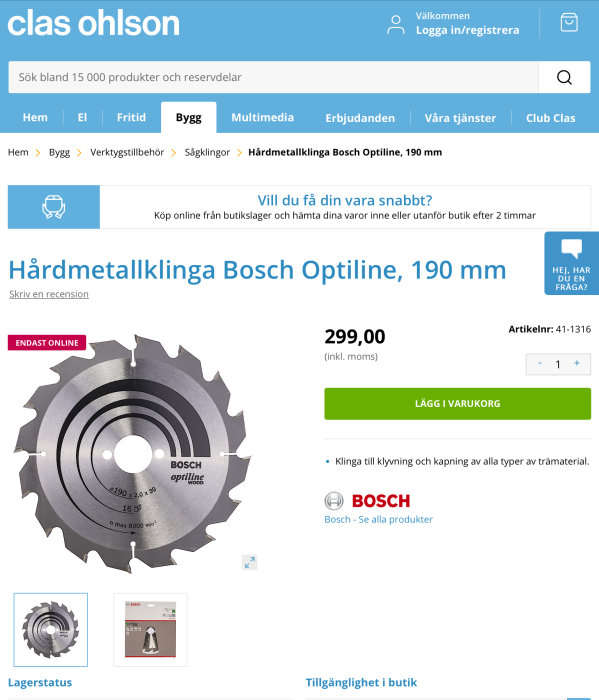 Bosch Optiline hårdmetallklinga 190 mm för sågbord, med 24 tänder och 1,6 mm tjocklek visas på Clas Ohlsons webbsida.