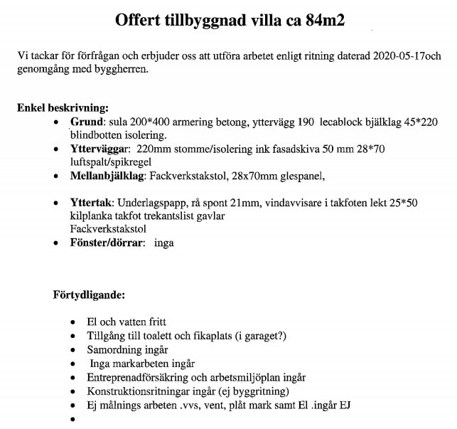 En byggoffert för tillbyggnad av villa med detaljerad beskrivning av grund, ytterväggar, yttretak och förtydligande noteringar.