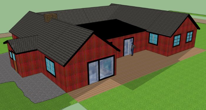 3D-rendering av ett enplanshus med röd fasad, svart tak och tillhörande träaltan.