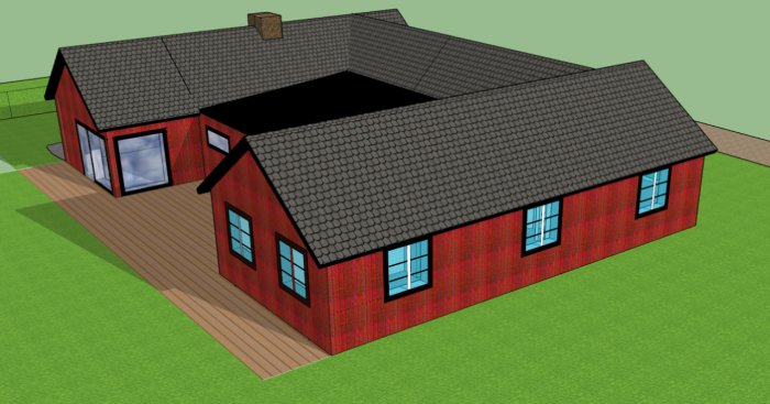 3D-modell av ett rött hus med svart tak och en veranda, sett i fågelperspektiv.