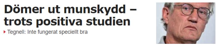 Man med skeptiskt ansiktsuttryck och glasögon, nyhetsrubrik om munskydd.