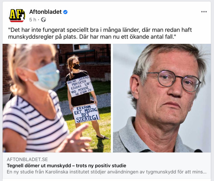 Två personer med ansiktsmasker och en protestskylt, bredvid ett porträtt av Anders Tegnell.