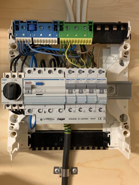 Elcentral med säkringsdosor och kopplade kablar, eventuell installation av trefaskontakt ifrågasätts.