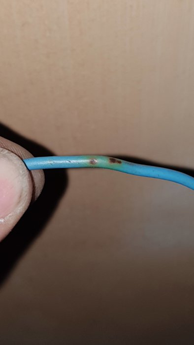 Närbild på blå elledning med skadat isolering och rostmärken som kan vara orsak till jordfelsbrytarens utlösning.