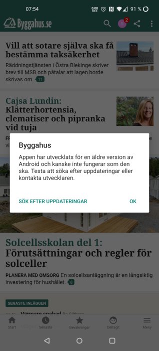 Skärmdump av Byggahus-appen med en dialogruta som informerar om en äldre version av appen.