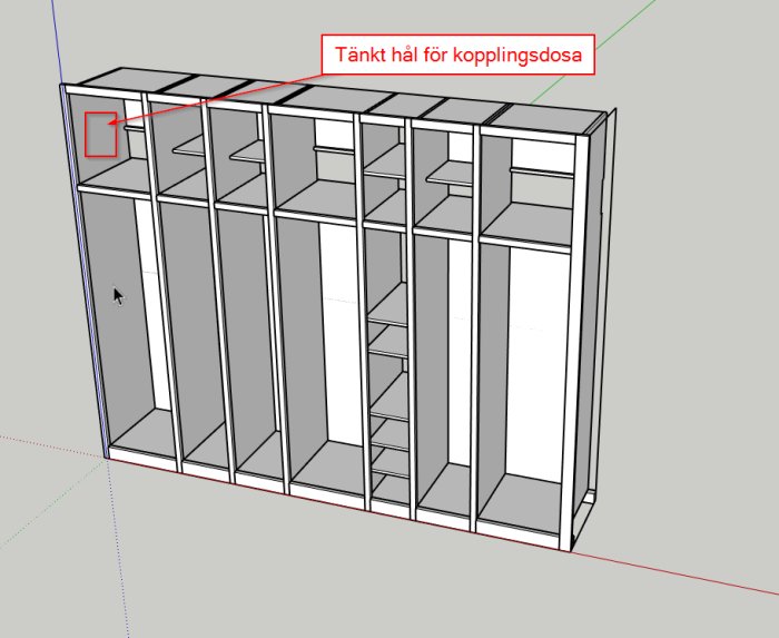 3D-modell av en garderobsstruktur i en hall med markerat utrymme för kopplingsdosa.