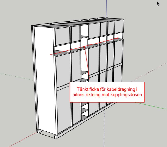 3D-skiss av en garderobsram med markerad kabeldragning och plats för kopplingsdosa.