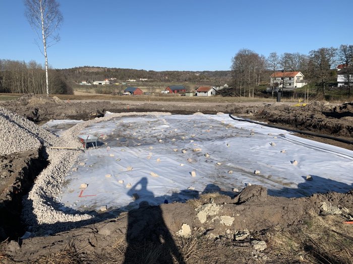 En husgrund med geotextil och dräneringsgrus, omgiven av en grävd ränna, med bergkross och skottkärra i förgrunden.