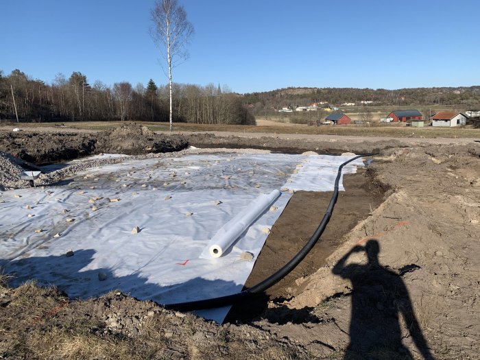 Husgrund med dränering under uppbyggnad, täckt med fiberduk och delvis fylld med kross.