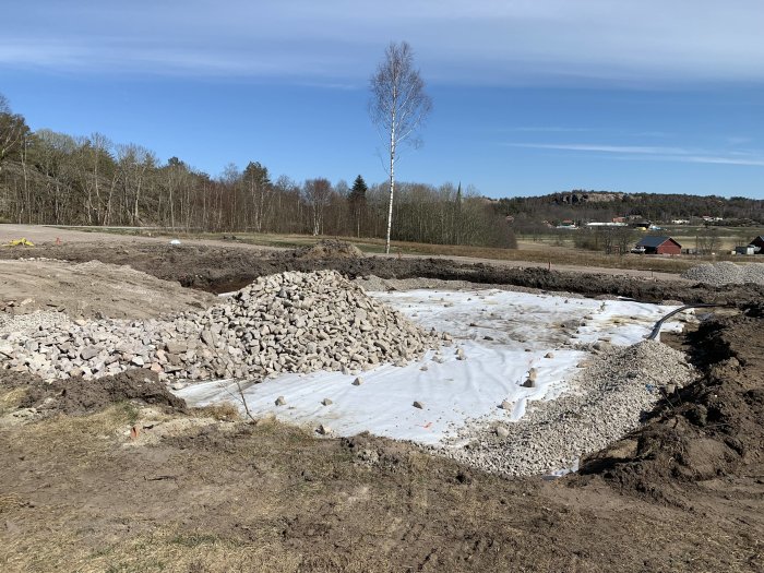 Husgrund med dränering under arbete, visar bergkross och vit fiberduk i en grävd fördjupning.