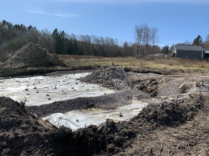 Husgrund med plastfolie och delvis täckt med bergkross, större stenar och jordhög i bakgrunden.