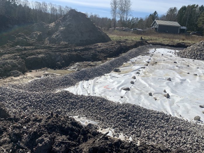 Husgrund med dränering täckt av vit fiberduk och bergkross med grävmaskinshög i bakgrunden.