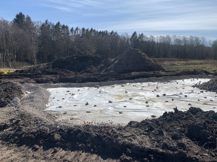 Bergkross utlagt på en vit presenning för dränering vid en husgrund i ett öppet landskap.