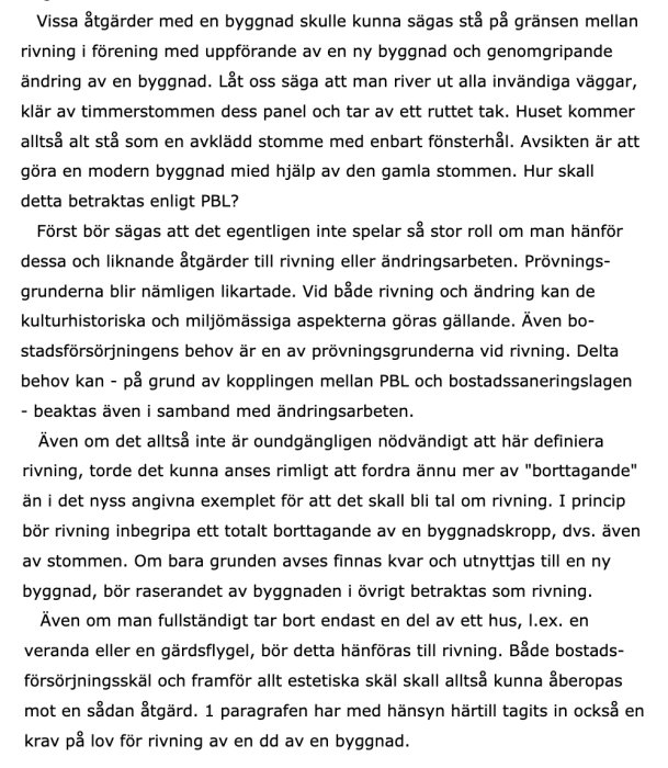 Fotografi av en text om regelverk kring rivning och ombyggnad enligt PBL, med diskussion om bygglov och bygganmälan.