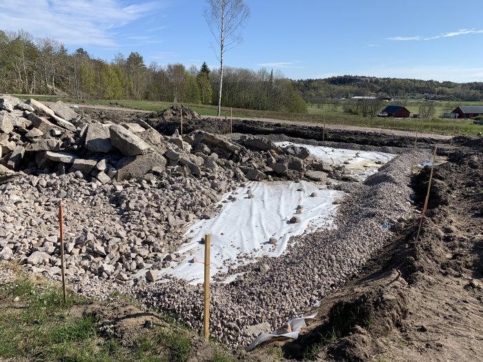 Husgrund och dränering under arbete med lager av bergkross och större stenar på en byggarbetsplats.