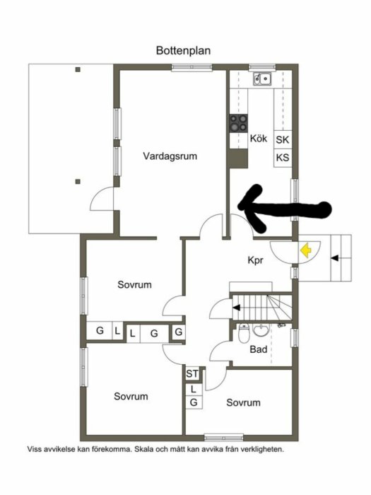 Planritning av bottenplan med markerad vägg mellan kök och vardagsrum där en sektion ska tas bort.