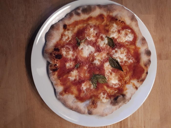 Hembakad pizza på vit tallrik med uppblåsta kanter och basilikablad, gräddad på grill.