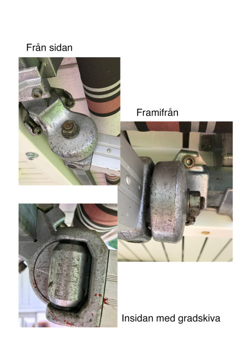 Detaljbilder av en markisfäste från sidan, framifrån och inifrån med gradering, samt en stor justeringsmutter.
