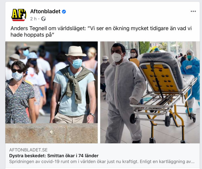 Två separata bilder; en av människor som bär ansiktsmasker utomhus och en av sjukvårdspersonal med rullbår.