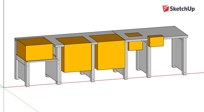 Skiss i SketchUp av en arbetsbänk med integrerade "flips" för kap-/gersåg och planhyvel.