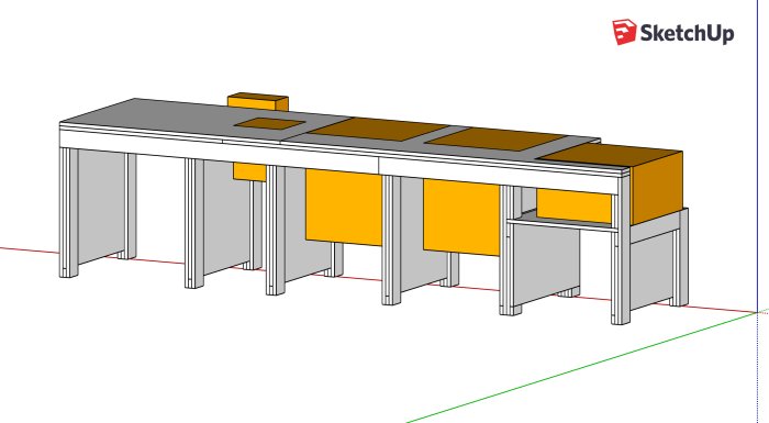 Skiss av en arbetsbänk med "flips" för verktyg och skruvstäd, designad i plywood, i ett CAD-program.