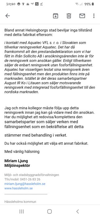 Skärmdump av e-post från miljöinspektör om byggprojekt och val av reningsverksfabrikat.