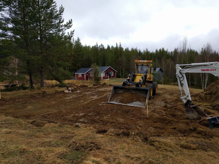 Grävmaskin förbereder mark för fritidshusbygge med gammal stuga och garage i bakgrunden.