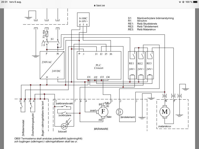 Schematisk elektrisk ritning av en brännarstyrning med märkningen "0-100C" och olika komponenter som reläer och sensorer.