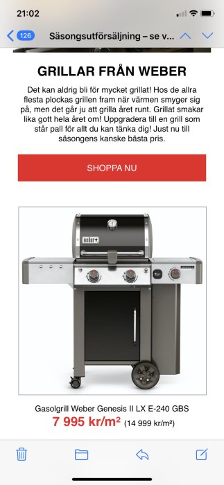 Gasolgrill Weber Genesis II LX E-240 GBS med prisinformation, visas på en erbjudandeannons.