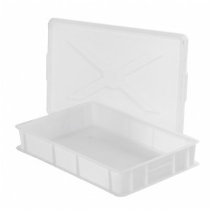 Vit plastjäsback för pizzadeg, storlek 600x400x100 mm, öppen med lock i bakgrunden.