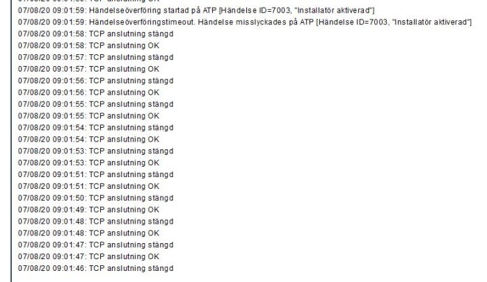 Skärmklipp av loggfiler med tidsstämplade TCP-händelser och händelseöverföringar.