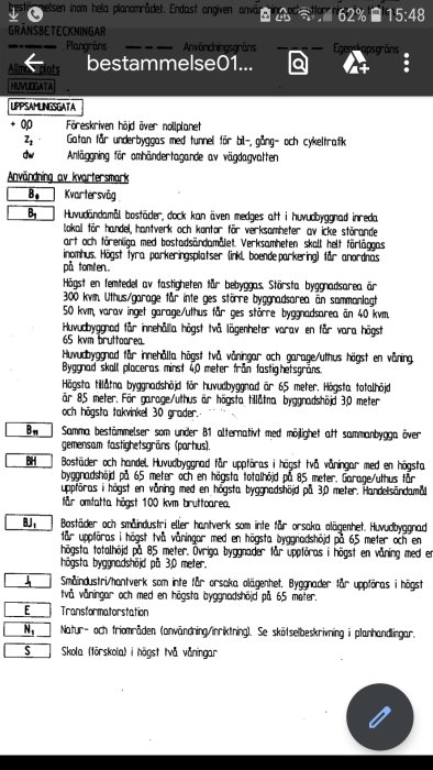 Svartvit bild på en textdokument som visar detaljplanen för byggnadsregler inklusive byggnadsarea och höjdrestriktioner.