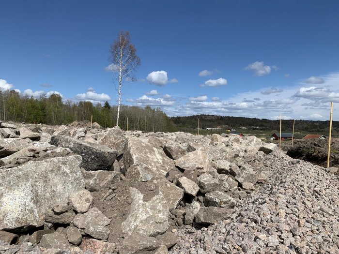 Stor stenhög och grus i byggprojekt under klar himmel med en ensam björk och landskap i bakgrunden.