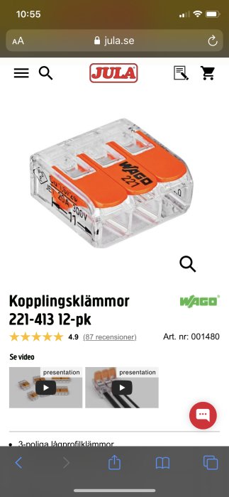 Ett paket med Wago kopplingsklämmor 221-413 synligt på Jula webbplats, för elinstallationer.