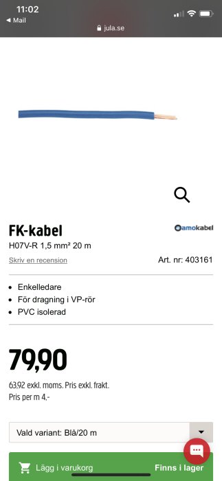 Blå enkelkärnad FK-kabel på skärmdump från webbutik, specificerad som H07V-R 1,5 mm² 20 m.