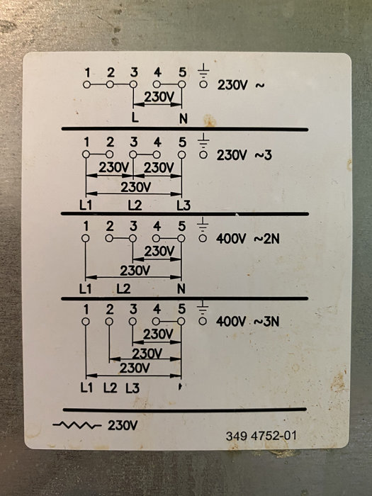 Elkopplingsschema för olika spisinstallationer med enfas och trefas på en etikett.