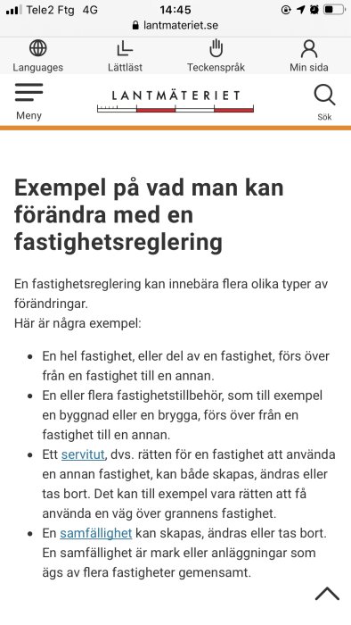 Skärmdump av en webbsida från Lantmäteriet om fastighetsreglering med text och menyalternativ.