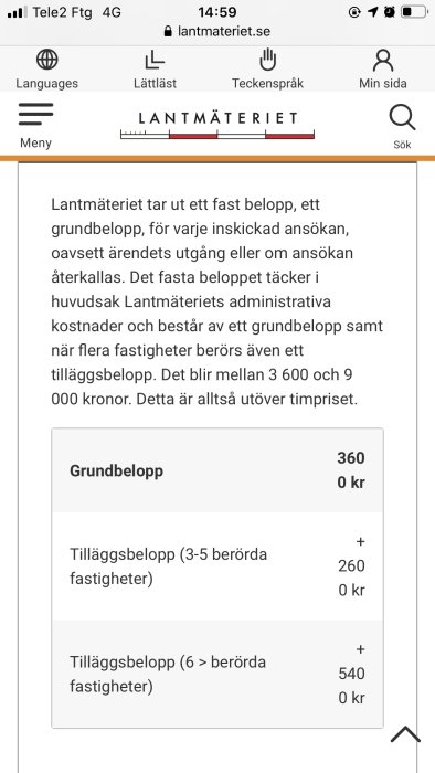 Skärmdump från Lantmäteriets webbsida visar text om avgifter och tabell med grundbelopp och tilläggsbelopp.