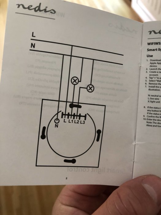 Hand håller upp en installationsmanual för Nedis smart belysningskontroll med elektriskt kopplingsschema.