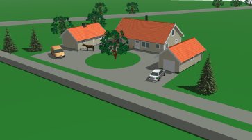 3D-rendering av ett enplanshus med tillhörande garage, bil, träd och gräsmatta.