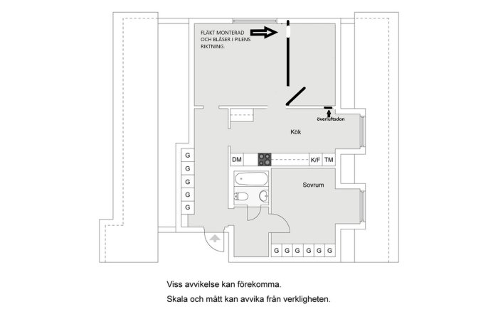 Ritning av en lägenhetsplan med markerad fläkt och överluftsdon för att diskutera ventilation i tillbyggt rum.