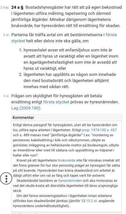 Skärmbild av lagtext om renoveringsregler för hyresgäster, med fokus på regler för persienner och bruksskador.