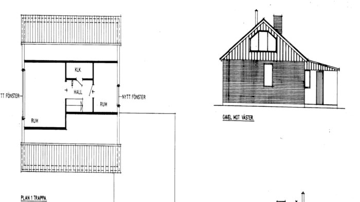 Svartvita arkitektritningar för ombyggnad från 1970, innehållande planritning och fasadteckning mot väster.