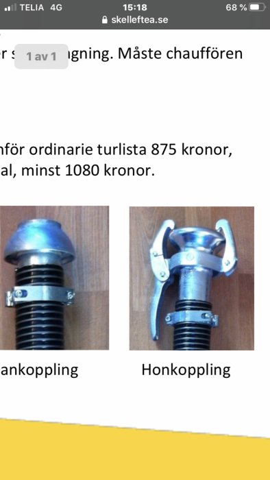 Två bilder av rörkopplingar, en han- och en honkoppling, mot träbakgrund.