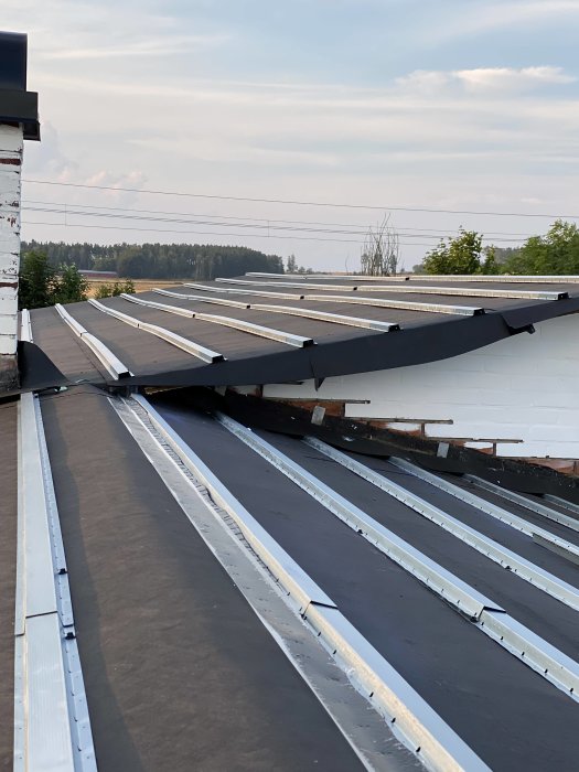 Tak under renovering med ny underlagspapp och stålläkt installerad över äldre papp, bekymmer uttryckt över ojämnheter.