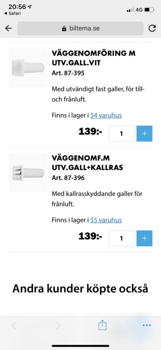 Två ventiler för väggmontering från en byggvaruhus webbplats visas, avsedda för till- och frånluft.