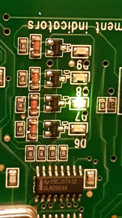 Circuit board with resistors, diodes D6, D7, D8, and ULN2003A IC, for modifying ventilation control.